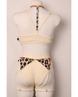Caro Line Vanilla Leopard pole dance set with ruched bottoms and leopard-print panels, back view